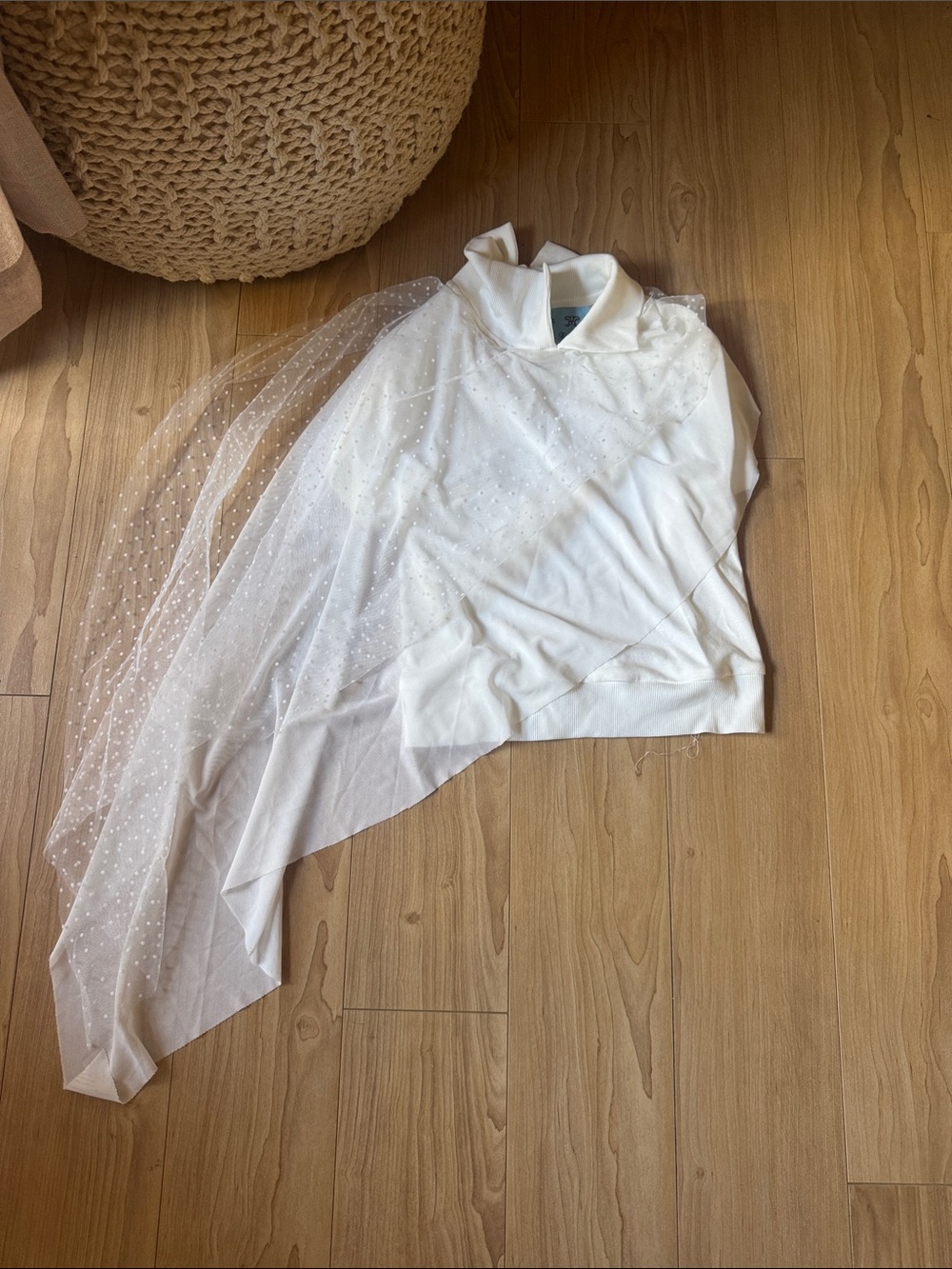 Women's White Cowl Neck Sweater with Swiss Dot Tulle Overlay